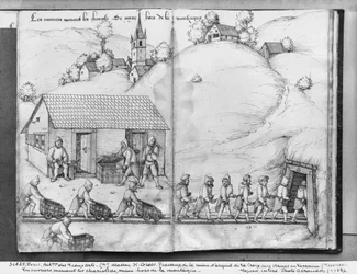Silver Mine of La Croix-aux-Mines, Lorraine, fol.10v and fol.11r, Miners Pushing Trucks, c.1530
